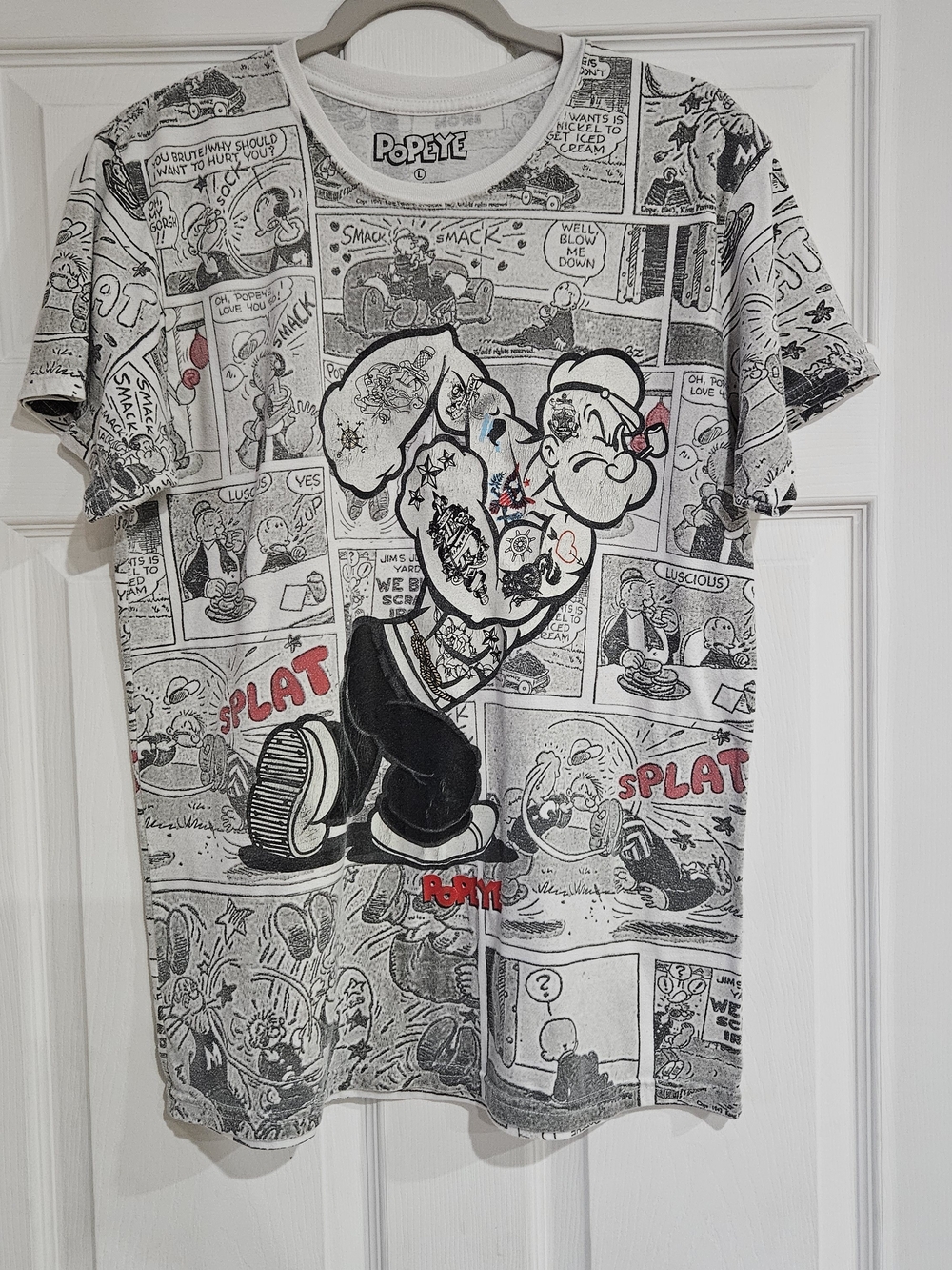 Popeye The Sailor Man AOP Comic Skit Graphic Printed T-Shirt Mens L Short Sleeve
